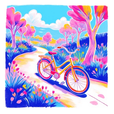 A bicycle is positioned prominently, featuring wheels that "swirl" and "morph" into various shapes and colors. The bicycle's frame is sleek and metallic, reflecting light in vibrant hues. It is riding along a winding path in a park. The park is filled with whimsical trees that have unusual, twisting trunks and foliage in bright shades of green, pink, and blue. There are colorful flowers blooming along the path, and above, a clear blue sky is dotted with fluffy white clouds.