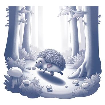 A small hedgehog with quills is wearing a tiny backpack as it navigates through a dense forest. The surrounding area is filled with tall trees and abundant underbrush, creating a rich, textured environment. Sunlight filters through the leaves above, casting intricate shadows on the ground. The hedgehog moves cautiously, with its tiny legs making contact with various plants and ferns. Nearby, there are clusters of mushrooms peeking through the foliage. The atmosphere is lively with small forest creatures that can be glimpsed in the background, contributing to the sense of exploration.