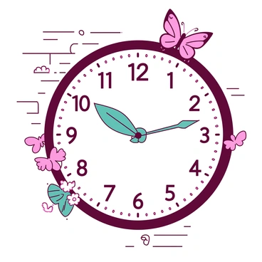 A whimsical clock with a round face featuring intricate floral designs. The clock hands are shaped like delicate butterfly wings, one wing is a vibrant shade of teal while the other is a soft shade of pink. The clock is mounted on a textured white wall, and small colorful butterflies are scattered around the clock, enhancing the whimsical theme. The numbers on the clock face are elegantly styled in a curly font, each number adorned with tiny floral accents.