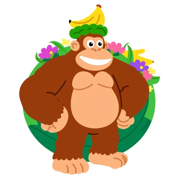 A large gorilla named Donkey Kong is wearing a crown made of intertwined green leaves and ripe bananas. He has a broad, friendly grin on his face and is standing confidently with his hands on his hips. His brown fur is shiny and well-groomed. The background features a bright jungle setting with lush green foliage and colorful flowers, enhancing the vibrant atmosphere.
