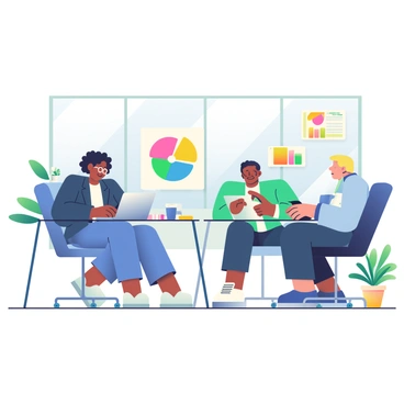 A modern fintech office features a spacious layout with large windows allowing natural light to flood the room. There are several individuals with diverse appearances seated at sleek, minimalistic desks working intently on their laptops. A woman with dark curly hair is typing on her laptop, wearing a smart, navy blazer and glasses. Nearby, a man with short blonde hair is animatedly discussing ideas with a colleague, gesturing towards a colorful pie chart displayed on a digital screen mounted on the wall. The office is decorated with green indoor plants placed strategically around the room, adding a touch of vibrancy. Various tech gadgets and notebooks are scattered across the desks, contributing to the busy and innovative atmosphere.