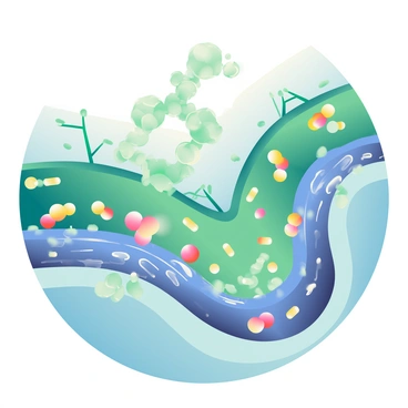 A vibrant scene shows a "river-like flow of ATP" represented as bright, glowing molecules moving through a complex network of "cellular pathways." The pathways are depicted as intricate, winding channels with detailed textures and varying widths. There are "small, branching structures" alongside the pathways, suggesting the interaction of various cellular components. The ATP molecules are illustrated as "luminescent spheres," with some appearing to collide gently with the channel walls, creating a subtle ripple effect. The overall color palette features shades of green and blue, with the glowing ATP providing a striking contrast against the darker background of the cellular structure.