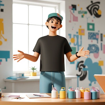 An illustrator, wearing a black t-shirt, denim jeans, and a colorful cap, stands in an urban studio. They are animatedly discussing their work, gesturing with their hands. The walls of the studio are adorned with vibrant street art, showcasing various styles and techniques. Surrounding the illustrator are several cans of spray paint in a variety of colors, arranged neatly on a wooden table. There are sketch pads and brushes scattered around, highlighting the creative environment. Sunlight streams through a large window, illuminating the space and creating an energetic atmosphere.