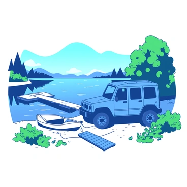 A blue 4x4 vehicle is parked on a gravel area near the edge of a lake. The lake is calm and reflects the surrounding trees and sky. Next to the 4x4, there is a small white fishing boat gently bobbing in the water. The boat is tethered to a wooden dock that extends into the lake. Lush green grass and wildflowers surround the parking area, creating a natural setting. In the background, a few distant hills are visible under a clear blue sky.