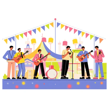 A live band performing on an outdoor stage at the fair. The stage is decorated with colorful banners and bright lights. Band members are playing various instruments, including a guitar, drums, and a keyboard. The lead singer is wearing a stylish outfit and holding a microphone, engaging with the audience. A lively crowd is gathered in front of the stage, some people dancing and others clapping along to the rhythm. In the background, there are festive fair rides and colorful booths, adding to the lively atmosphere.