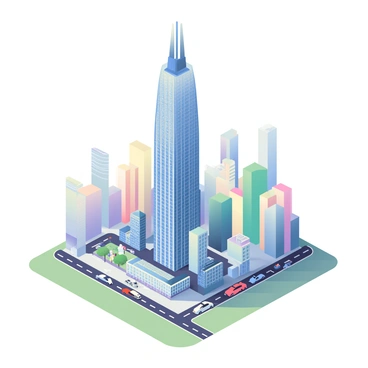 An aerial view of "Landmark 81" is capturing its impressive height. The skyscraper is surrounded by various buildings of different sizes, showcasing a vibrant urban landscape. The reflection of sunlight glimmers off the glass facade of "Landmark 81", emphasizing its tall structure. Below, streets are busy with cars, and small parks can be seen dotted around the area. The image includes a clear blue sky above, enhancing the overall view of the city.