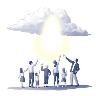 A scene depicting a bright beam of light descending from a cluster of clouds. The sky is filled with varying shades of white, where the clouds appear fluffy and thick. Below, a group of people stands on a grassy field, their expressions a mix of wonder and amazement as they gaze upwards. Some individuals have their arms raised, while others point towards the light. The composition showcases diverse figures, including a child, a woman, and an elderly man, all captivated by the celestial phenomenon. The atmosphere is filled with a sense of anticipation and intrigue.