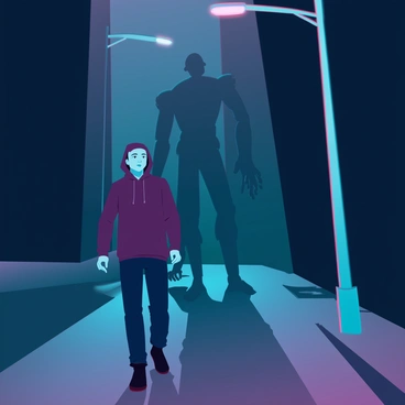 A person with a hooded jacket is walking down a dimly lit street at night, their features barely visible in the low light. The street is lined with tall, dark buildings casting elongated shadows. Behind them, a tall, shadowy figure with indistinct features looms, standing slightly hunched over. The figure appears to have elongated limbs and an unsettling presence, creating a sense of tension in the scene. The illuminated street lamps cast a soft glow, contrasting with the dark silhouettes of both the person and the figure behind them.