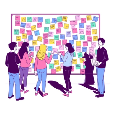 A wall is fully covered in colorful post-it notes, each displaying handwritten words and doodles. The post-it notes are in various colors, creating a vibrant mosaic effect. Some notes contain simple sketches, while others are filled with phrases expressing art inspirations and ideas. Fair-goers are gathered around the wall, with a few individuals reading the notes and discussing them enthusiastically. The atmosphere is lively, with people pointing at specific notes and exchanging creative thoughts.