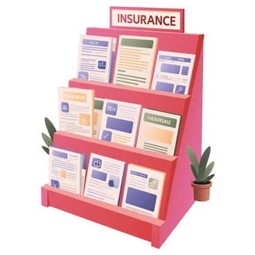 A digital flat illustration depicting a colorful brochure stand filled with various insurance pamphlets displayed prominently. The stand is designed in a bright red color with multiple tiers showing a variety of pamphlets in different shades, including blue, green, yellow, and orange. Each pamphlet has distinct titles and graphics related to different types of insurance, such as health, auto, and home. The stand is surrounded by a clean, white backdrop to emphasize the colors of the brochures, and there are small decorative elements like a potted plant and a small sign that says "Insurance Information" in bold letters at the top.