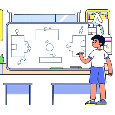 A young boy resembling Cristiano Ronaldo stands in front of a classroom board. He has short, dark hair and wears a white t-shirt and blue shorts. He is drawing soccer tactics with a green marker on the board, outlining formations and player positions. The classroom has wooden desks and a large window letting in natural light. In the background, there are colorful educational posters on the walls.