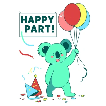 A teal happy koala is standing on its hind legs, holding a bunch of vibrant balloons in both hands. The balloons are of various colors, including red, yellow, and blue, floating above the koala's head. Around the koala, there are colorful party decorations such as streamers and confetti scattered on the ground. The background features a few party hats lying on a table and a banner that reads "Happy Party" in bold letters. The expression on the koala's face radiates joy as it enjoys the festive atmosphere.