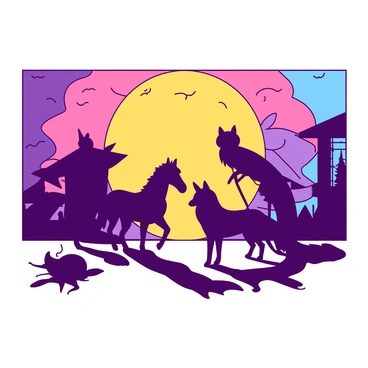 A series of intricate silhouettes depicting various shadow puppets are positioned against a vibrant backdrop. Each puppet showcases a unique design, representing characters like a galloping horse, a wise owl, and a playful fox. The colorful background features flowing patterns of two distinct colors blending seamlessly, creating a dynamic atmosphere. The puppets are in various poses, seemingly engaged in a captivating narrative, with the light casting their shapes dramatically onto the backdrop.