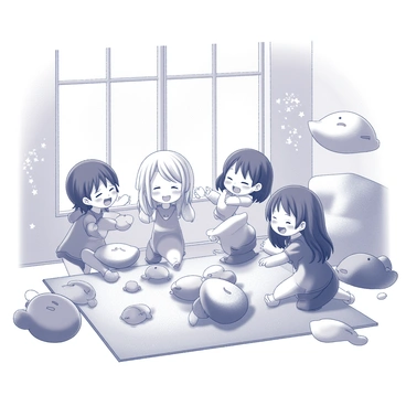 Several gacha characters are engaged in a playful pillow fight in a cozy room. The characters are diverse in appearance, featuring a variety of unique hairstyles and outfits. Soft, fluffy pillows are flying through the air as they laugh and interact with each other. The room is filled with an assortment of plush toys scattered across the floor and nestled in corners. A large window allows soft light to filter in, illuminating the scene. The walls are adorned with playful decorations, contributing to the warm and inviting atmosphere.