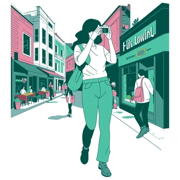 A teal woman with shoulder-length hair is walking along a bustling city street filled with vibrant murals and striking architecture. She is holding a white camera up to her eye, capturing the colorful street art on the brick walls nearby. The buildings around her showcase a mix of modern and historical designs, with intriguing shapes and bold colors. Pedestrians are milling about, adding to the lively atmosphere, while a small café with outdoor seating can be seen in the background, adorned with potted plants.