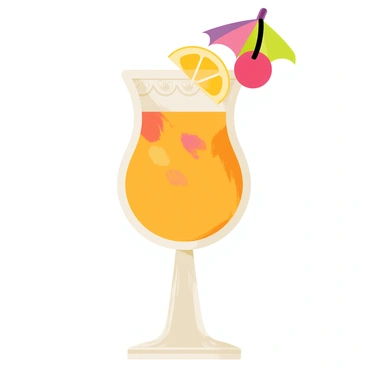 A vibrant cocktail being poured into an elegant, tall glass. The glass displays intricate designs along its surface. The cocktail is a bright shade of orange with hints of pink, suggesting a tropical flavor. Slices of fresh fruit, including a lemon and a cherry, are perched on the rim of the glass. A colorful paper umbrella is placed beside the fruit, adding a playful touch to the drink. The scene captures the motion of the liquid as it cascades gracefully into the glass.