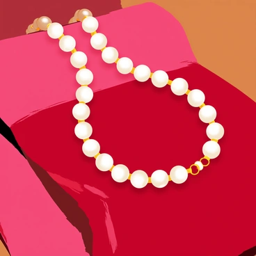 A luxurious Chanel pearl necklace elegantly laid out on a rich, deep red velvet cushion. The necklace features a series of lustrous white pearls, each with a slightly different size, creating a beautiful graduated effect. Golden accents are interspersed between the pearls, adding a touch of sophistication. The velvet cushion has a soft sheen, enhancing the opulence of the necklace displayed atop it. The background is softly blurred, ensuring the focus remains on the exquisite jewelry and the plush texture of the cushion.