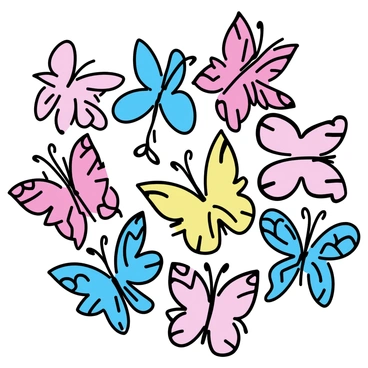 A mosaic composed entirely of butterfly shapes, arranged in a complex pattern. The butterflies are in various hues, including vibrant reds, deep blues, soft pastels, and bright yellows. Each butterfly is uniquely designed with intricate details on the wings, showcasing different patterns. The overall composition forms a harmonious blend of colors, with the butterflies closely packed together and some overlapping slightly. The background is a subtle white, allowing the colorful butterflies to stand out prominently.