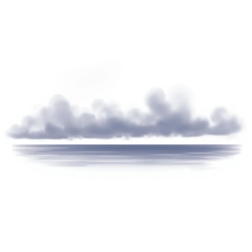 A distant horizon line appears faint and indistinct, softened by a thick layer of clouds. The clouds are dense and heavy, creating a sense of depth and texture in the atmosphere. The scene conveys a feeling of humidity, with the air looking thick and wet. The sky above is filled with various shades of gray, merging into the horizon where the land meets the sky.