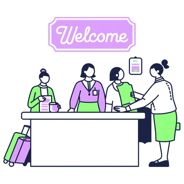 A hotel reception desk is bustling with activity as guests check in. In the center, a smiling receptionist stands behind the counter, wearing a name tag and a professional uniform. She is assisting a couple, one guest is holding luggage while the other is presenting an identification card. To the side, there is a neatly arranged display of brochures about local attractions. A potted plant sits on the counter, adding a touch of greenery. In the background, a large "Welcome" sign hangs above the reception area, visible to all incoming guests.