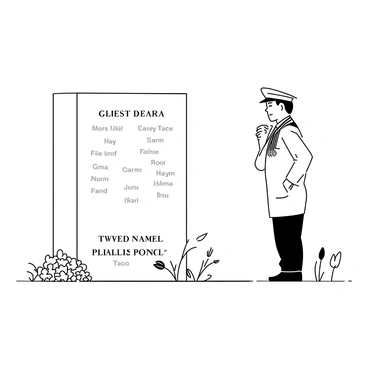 A veteran in military attire stands silently in front of a memorial wall, which displays names engraved in stone. The veteran has a solemn expression, with a cap atop his head and medals on his chest. His arms are relaxed at his sides, and he is looking thoughtfully at the wall. The backdrop includes a few small flags and a wreath of flowers placed at the base of the memorial. A soft breeze rustles nearby leaves, adding a sense of quiet reverence to the scene.