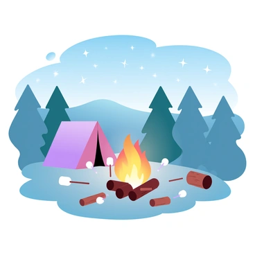 A camping scene with a tent set up on a grassy area. The tent is in a vibrant color, contrasting with the night sky filled with stars. In front of the tent is a glowing campfire, radiating warmth and illumination. Several sticks are positioned around the campfire, each holding marshmallows that are roasting over the flames. The surrounding area is dotted with trees silhouetted against the starlit sky. A few logs are nearby, adding to the rustic atmosphere. The overall ambiance is tranquil, capturing the essence of a night spent outdoors.
