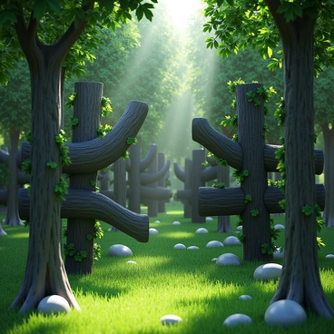 A dense forest with large hashtags resembling trees. The hashtags have a textured surface, made from dark bark patterns. Each hashtag is towering and intertwined with green leaves and vines. Sunlight filters through the canopy, casting playful shadows on the forest floor, which is covered in lush grass and scattered small rocks. The overall scene conveys an otherworldly atmosphere, filled with a variety of hashtags of different sizes, creating a unique and surreal environment.