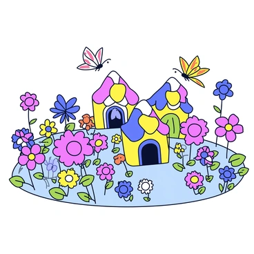 A tiny fairy village nestled among vibrant flowers in a garden. The village features small, whimsical houses made of petals and leaves, with doorways shaped like flower blossoms. Colorful butterflies flutter around, adding to the lively atmosphere. Tiny fairies, with delicate wings, can be seen interacting and playing among the flowers. The scene is filled with a variety of flowers in bright colors, surrounding the village and creating a lush, enchanting environment.