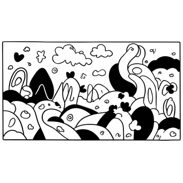 A large mural featuring swirling shapes and intricate patterns that flow into one another. The shapes vary in size and complexity, creating a sense of motion across the surface. There are elements resembling clouds and waves interspersed among the forms, contributing to a seamless, fluid composition. The overall design evokes a feeling of a dreamlike landscape, drawing the viewer's attention to the interconnectedness of the forms.