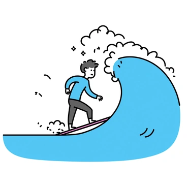 A surfer, wearing a blue wetsuit, is intensely focused while riding a giant wave in the ocean. The wave is towering, with white foam cascading at the crest. The surfer is positioned on a red surfboard, angled skillfully as they navigate the powerful water. The ocean around is deep blue, with hints of white foam surrounding the board. Sunlight glimmers on the water surface, creating a dynamic scene of movement and energy.