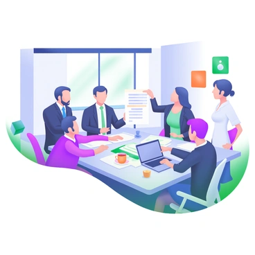 A modern office scene featuring a group of five professionals gathered around a large conference table. The individuals include three men and two women, dressed in business attire. On the table, there are various documents, a laptop, and a few coffee cups. The walls are adorned with abstract art, and a large window lets in natural light, illuminating the room and creating a productive atmosphere. One person is pointing at a document, while others are listening attentively.