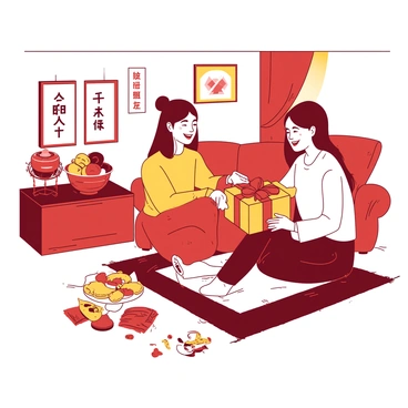 A scene depicting friends exchanging Tet gifts with smiles and laughter in a cozy living room.