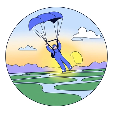 A skydiver in a blue jumpsuit is diving through a clear sky. The sun is just rising on the horizon, casting a warm golden light across the clouds. The sky is a gradient of soft colors, transitioning from deep blue at the top to bright orange near the horizon. Below, a vast landscape of green fields and winding rivers can be seen, illuminated by the morning sun. The skydiver has a parachute deployed above, billowing gently as it catches the sunlight.