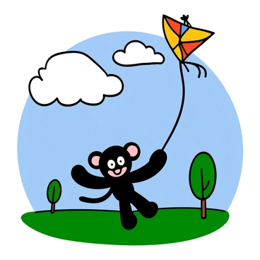 A niffler with black fur and small ears is flying a colorful kite in a park. The kite is shaped like a butterfly with vibrant colors such as red, yellow, and blue. The niffler has big eyes and a joyful expression as it holds the string tightly in its paws. The park has green grass and a few trees swaying in the breeze. A clear blue sky with fluffy white clouds is overhead, enhancing the feeling of a windy day.