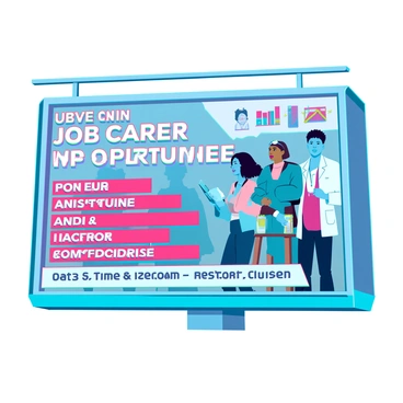 A subway advertisement featuring a bold and bright design promoting an upcoming job fair. The ad includes the words "Upcoming Job Fair" in large, attention-grabbing font at the top. Below this text, there is a list of "Diverse Career Opportunities" arranged in an eye-catching layout. The background of the ad displays images of people from various ethnic backgrounds and professions, such as a doctor, an artist, an engineer, and a teacher, all engaged in their work. The date, time, and location of the job fair are prominently featured at the bottom of the ad, ensuring clarity and easy readability.