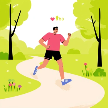 A runner in a bright red shirt and black shorts is shown on a winding trail surrounded by lush green trees and colorful wildflowers. The runner has an intense expression, illustrating their focus and effort. Above the runner, a digital heart rate display shows a pulsating heart icon and a number indicating their heart rate, glowing in vibrant colors. The trail curves into the distance, with soft sunlight filtering through the trees, creating a warm and inviting atmosphere.