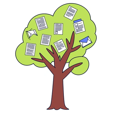 A tall tree with a sturdy brown trunk and branches extending outward. The branches are adorned with vibrant green leaves; however, these leaves are shaped like various CPF-related documents. Some leaves resemble application forms, while others look like approval letters or informational brochures. The documents are neatly arranged on the branches, creating a unique and organized appearance. The tree is set against a simple white background, emphasizing its distinct and creative foliage.