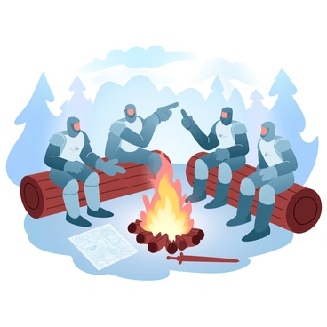 A group of four knights clad in shining armor is gathered around a crackling campfire. The knights are seated on sturdy logs, with one knight pointing at a detailed map spread out on the ground. Flickering flames illuminate their armor, casting warm light against the dark night. Beside the campfire, a wooden sword rests on the ground. The background features a starry sky and silhouettes of trees.