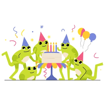 A group of green frogs celebrating a lively birthday party. The frogs are wearing colorful party hats and are gathered around a large round cake with candles on top. There are balloons in various bright colors floating above them. Some frogs are holding colorful streamers and others are jumping excitedly. The setting includes a small table decorated with a vibrant tablecloth and more festive decorations around.