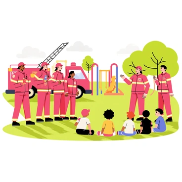 A group of firefighters in bright red uniforms is gathered in a local park, presenting a safety demonstration. They stand near a red fire truck with its ladder raised. A diverse group of children, including boys and girls of various ethnicities, sit on the grass, listening intently. One firefighter is demonstrating how to use a fire extinguisher, while another shows the children how to stop, drop, and roll. Colorful playground equipment and green trees are visible in the background, creating a lively atmosphere. The sun shines brightly, casting shadows around the scene.