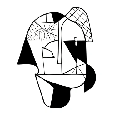 A composition featuring a human face created using geometric shapes and lines, with triangles, squares, and rectangles forming the features. The face is divided into sections, each showcasing different patterns and textures. The arrangement emphasizes symmetry and abstraction, with sharp angles and smooth curves blending together. There are varying thicknesses of outlines around the shapes, highlighting the overall structure. The background is kept simple to allow the face to stand out prominently.