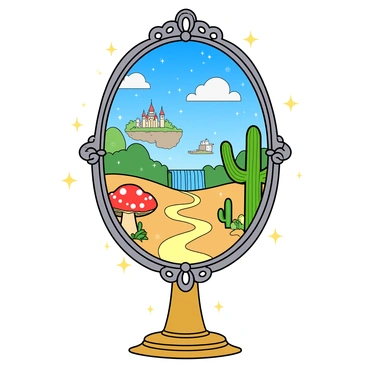 A large, ornate mirror with an intricate silver frame, standing on a golden pedestal. The surface of the mirror reflects various fantastical landscapes and magical worlds. On the left side, a vibrant forest with giant, colorful mushrooms and sparkling waterfalls. In the center, a serene sky filled with floating islands and fluffy clouds, with castles perched on the edges. The right side showcases a glowing desert under a starlit sky, with luminous cacti and swirling sand dunes. Tiny sparkling stars surround the mirror, enhancing the enchanting atmosphere.