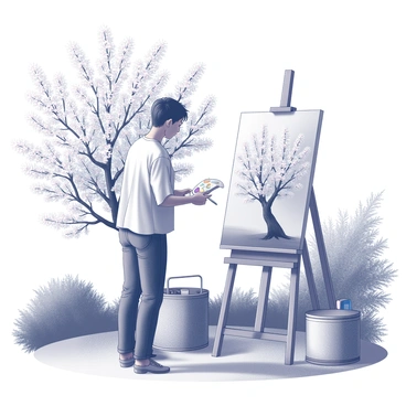 An artist stands in a sunny outdoor studio, focused on a large canvas. The artist is holding a paintbrush in one hand and has a palette with various colors in the other. The canvas depicts a cherry tree in full bloom, with numerous blossoms filling the branches. The studio is surrounded by greenery, with the sun illuminating the scene, casting soft shadows on the ground. The artist's easel is positioned securely, and there are various art supplies neatly arranged nearby.