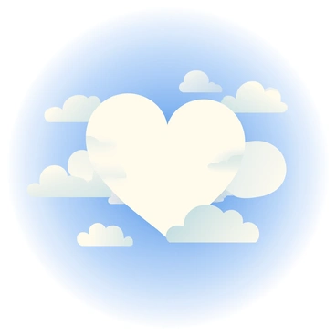 Fluffy white clouds are scattered across a bright blue sky. A large cluster of clouds in the center is shaped like a human heart, with soft curves and distinct lobes. The heart-shaped cloud is surrounded by smaller, wispy clouds that enhance the scene. Soft light filters through the clouds, creating subtle shadows and highlights that give the heart shape a gentle texture.