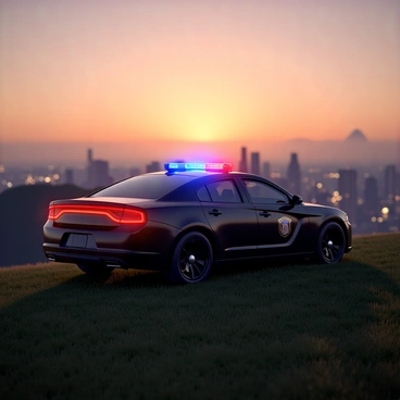 A 3D police car with a glossy black exterior and bright blue and red emergency lights is parked on a grassy hilltop. The car has a distinctive police insignia on the doors and a sleek, aerodynamic design. The sun is setting in the background, casting warm orange and pink hues across the sky. Below, the city skyline is visible with tall buildings and streetlights beginning to illuminate as night approaches. The scene captures the contrast between the serene landscape and the bustling urban setting below.
