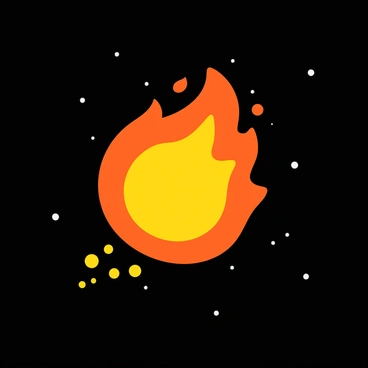 A vibrant fireball with bright orange and yellow hues is soaring through the vastness of space. The fireball emits a warm glow and is surrounded by a scattering of glowing sparks trailing behind it. The background is filled with deep black space speckled with twinkling stars, enhancing the luminosity of the fireball. The sparks vary in size and brightness, creating a dynamic contrast against the darkness of the cosmos.