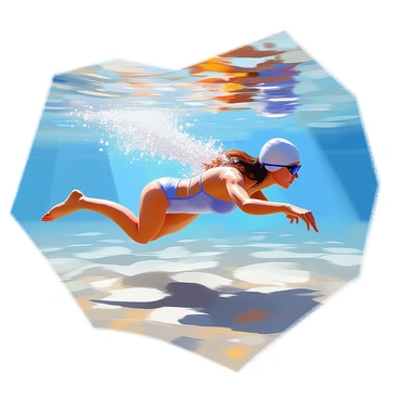 A swimmer with a toned physique and long hair is gliding gracefully underwater. Their body is streamlined, and they are wearing a fitted swimsuit. Bubbles are trailing behind them, creating a trail of effervescence that captures the light filtering from above. The water around the swimmer is a clear blue, with soft ripples reflecting the movement. Sunlight creates shimmering patterns on the sandy bottom, enhancing the tranquil underwater scene.