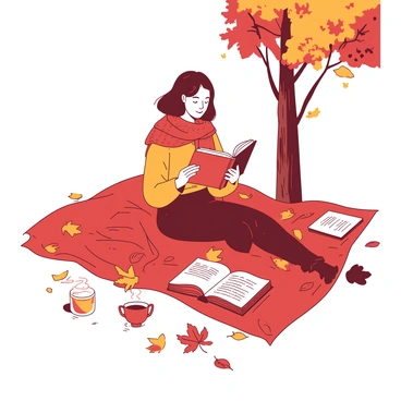A person wearing a warm, oversized sweater and a knitted scarf is sitting on a large, soft blanket spread out on the ground. They are holding an open book, focused on reading. Surrounding them is a vibrant array of fallen autumn leaves in shades of orange and red, creating a colorful carpet. The sunlight filters through the branches of nearby trees, casting playful shadows across the scene. A steaming cup of tea sits beside them on the blanket, enhancing the cozy atmosphere.