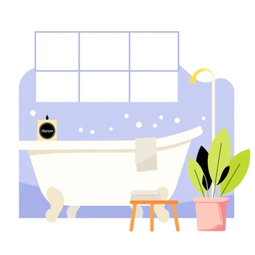 A bathroom with a white clawfoot tub placed against a light blue wall. The tub is filled with bubbles, creating a whimsical atmosphere. On the edge of the tub, there is a "diptyque" candle with a black and white label. A small wooden stool is next to the tub, holding a fluffy white towel. A potted plant with large green leaves is positioned nearby, adding a touch of nature to the scene. Soft light filters through a window, illuminating the space gently.