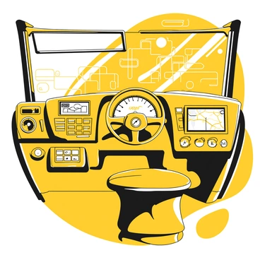 A close-up view of a bus simulator dashboard filled with detailed and realistic controls. The dashboard features a steering wheel at the center, surrounded by a variety of buttons, switches, and gauges. There is a speedometer displaying the bus speed, and a fuel gauge indicating fuel levels. Various display screens are visible, showing maps and other vehicle metrics. The dashboard is designed with a sleek, modern look, showcasing intricate details on the levers and knobs, while the interior has a functional and user-friendly layout.